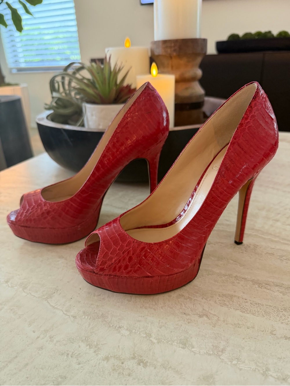 Vince Camuto Red Peep-Toe Platform Stiletto Pumps
